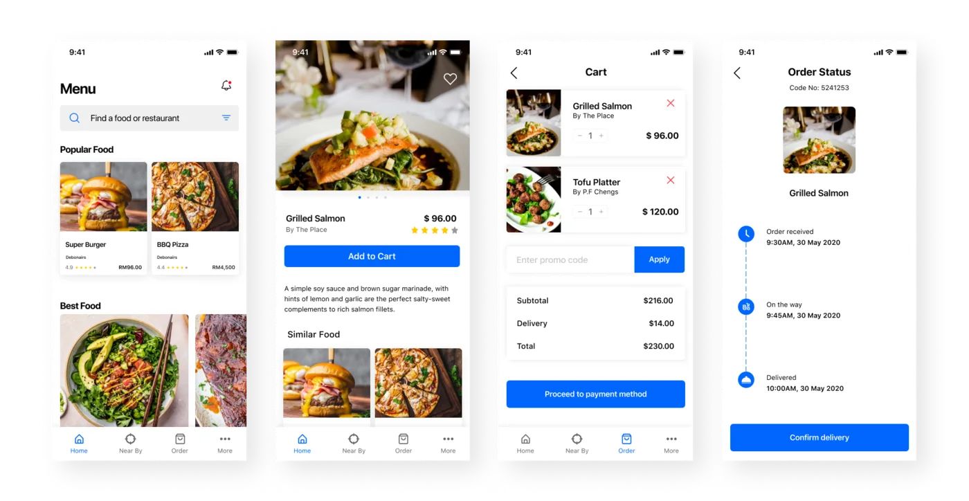Food ordering app screens: menu, dish, cart and order status