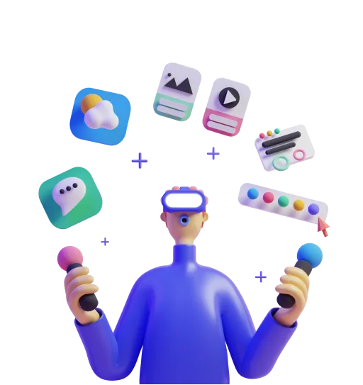 Illustration of a person in a VR headset surrounded by media app icons